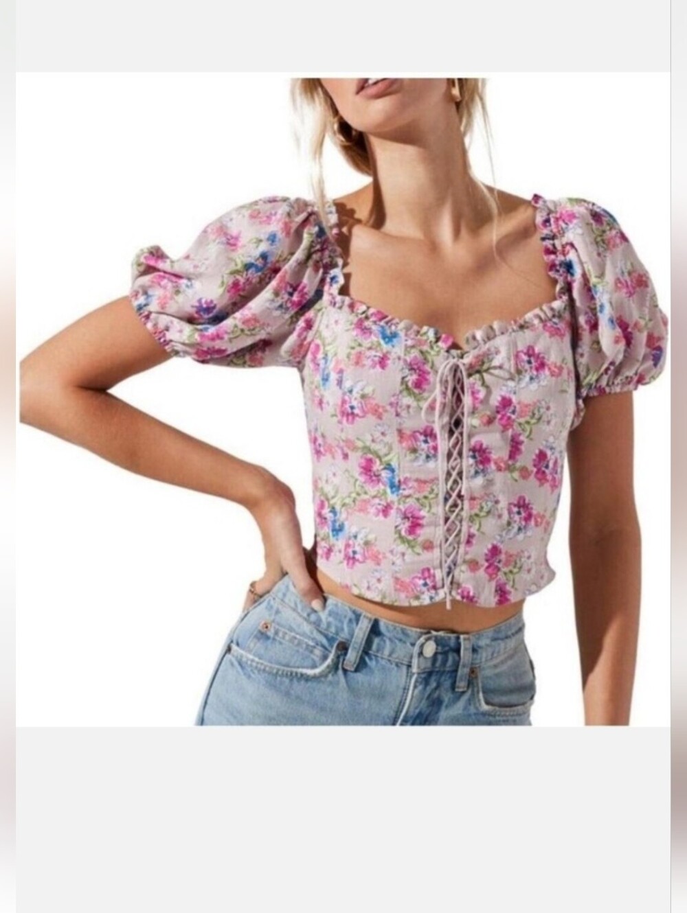 Astr The Label Pink Fairycore Romance Corset Lace-Up Puff Sleeve Crop Top Medium